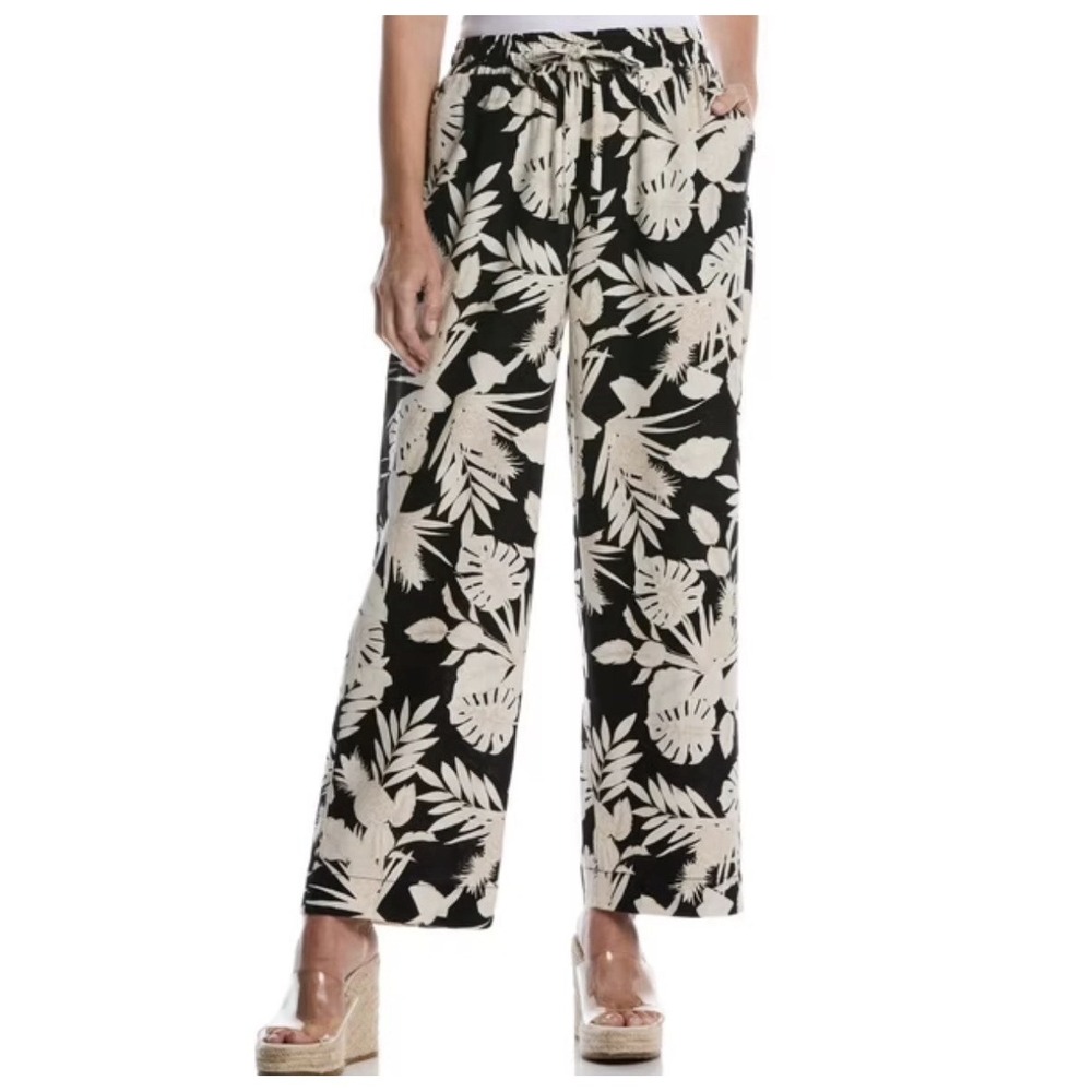 Rafaella Womens‎ Linen Pants Black Beige Tropical Elastic Waist Drawstring L
